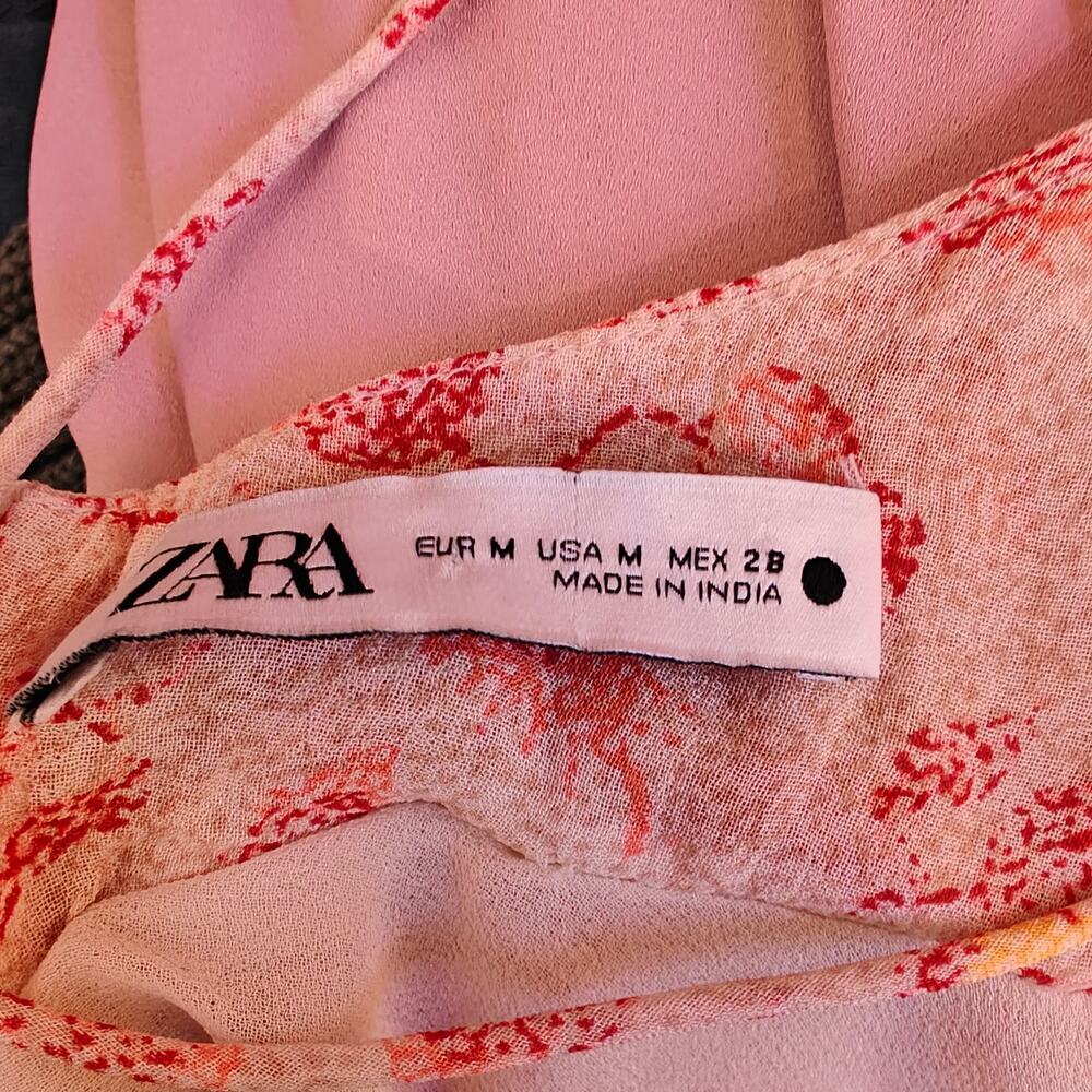 ZARA Floral Layered Ruffle Mini Dress Pink Print Spaghetti Straps Size M - Picture 4 of 8